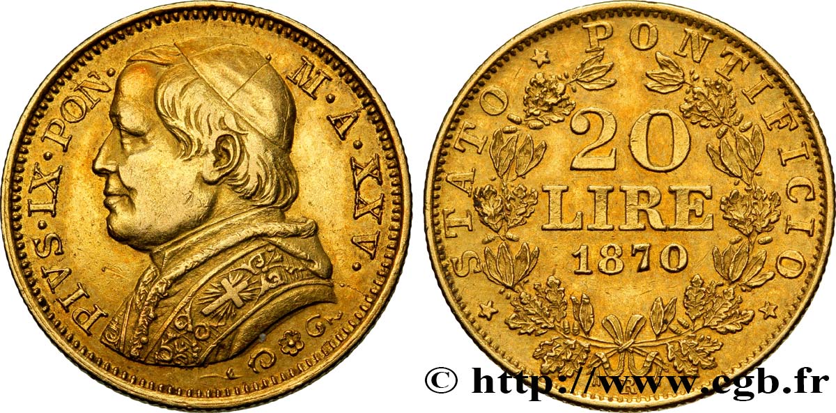 ITALY - PAPAL STATES - PIUS IX (Giovanni Maria Mastai Ferretti) 20 Lire an XXV 1870 Rome XF 