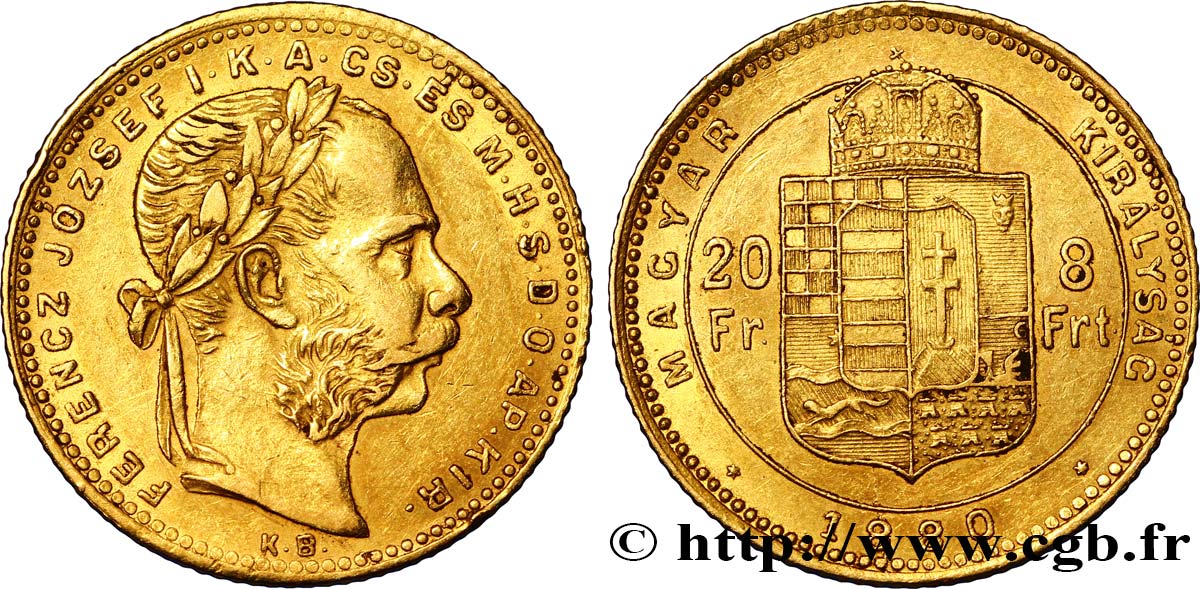 HONGRIE 20 Francs or ou 8 Forint François-Joseph Ier 1880 Kremnitz TTB+ 