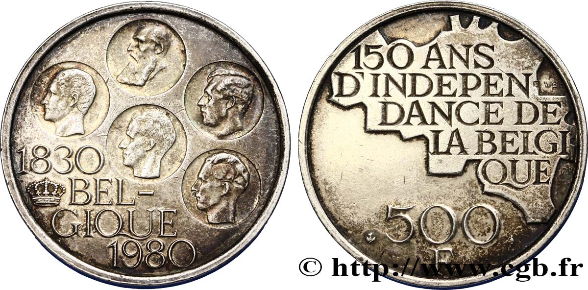 BELGIO 500 Francs légende française 150e anniversaire de l’indépendance, portrait des 5 rois / carte de Belgique 1980 Bruxelles SPL 