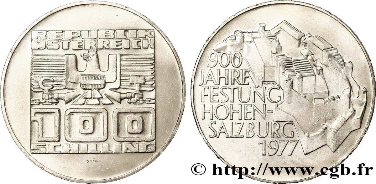 ÖSTERREICH 100 Schilling 900e anniversaire de la forteresse du Hohensalzburg 1977  VZ 
