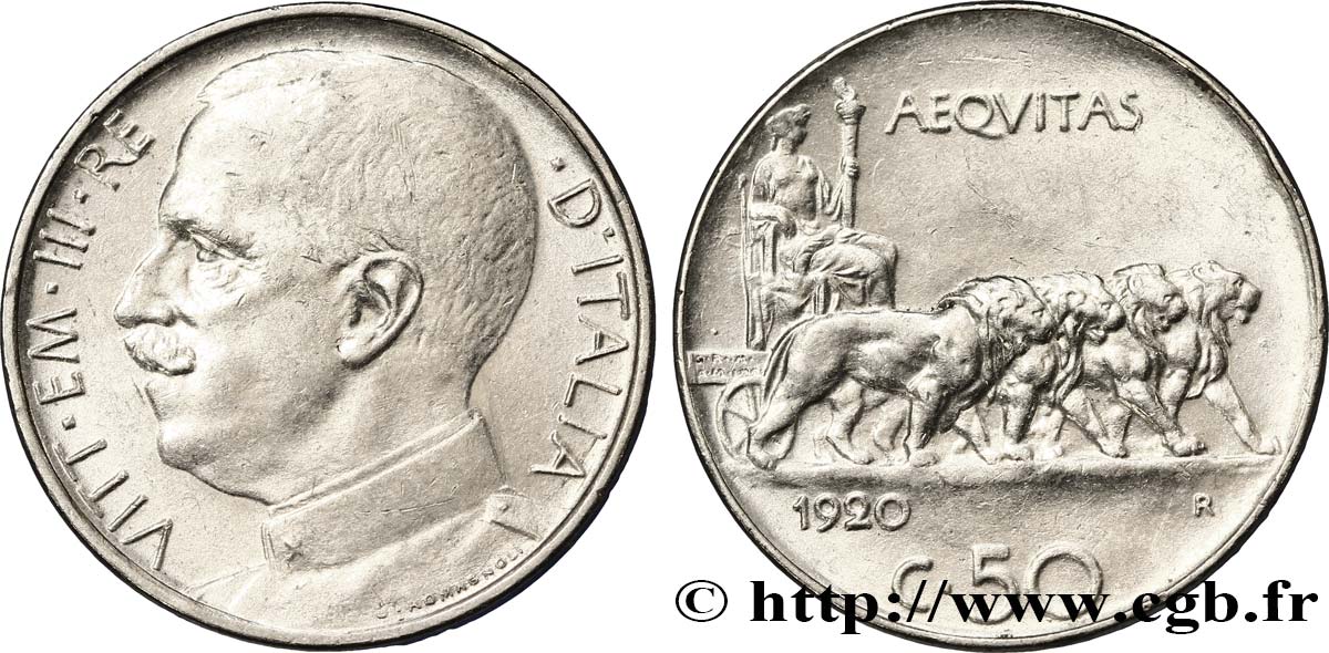 ITALIA 50 Centesimi  Victor Emmanuel III 1920 Rome - R SPL 