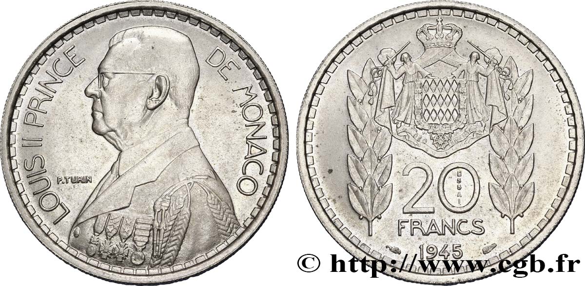 MONACO Essai de 20 Francs Louis II 1945 Paris fST 