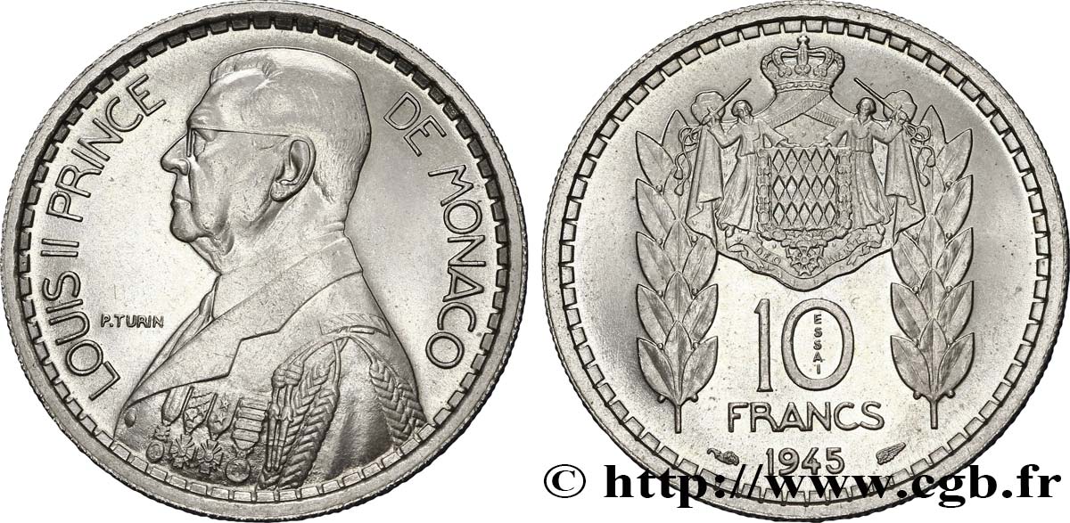 MONACO Essai de 10 Francs Louis II 1945 Paris SPL 