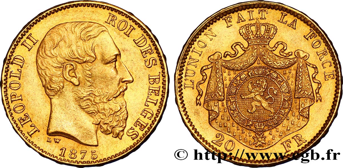 BELGIEN 20 Francs or Léopold II 1875 Bruxelles VZ 