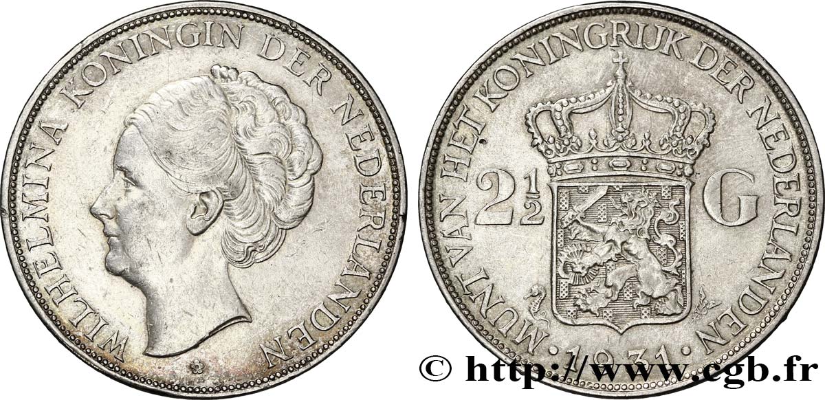 PAYS-BAS 2 1/2 Gulden Wilhelmina 1931  TTB 