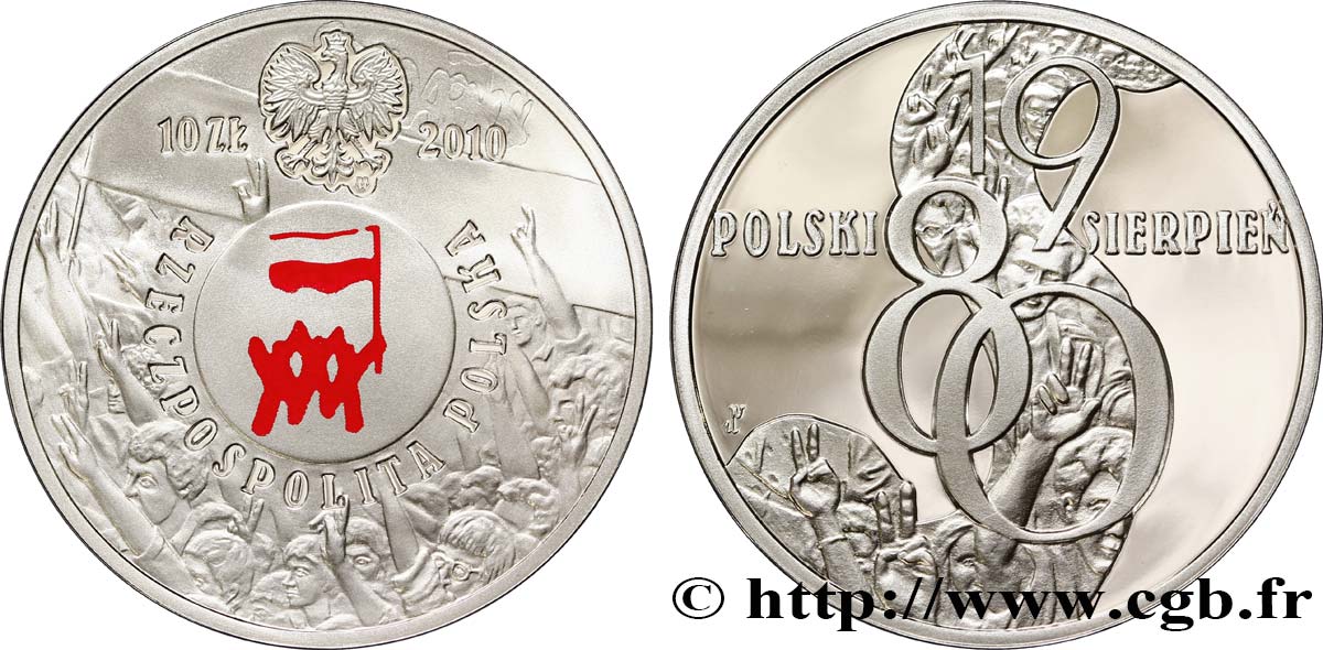 POLOGNE 10 Zlotych 30e anniversaire du mois d’Août Polonais 2010  FDC 
