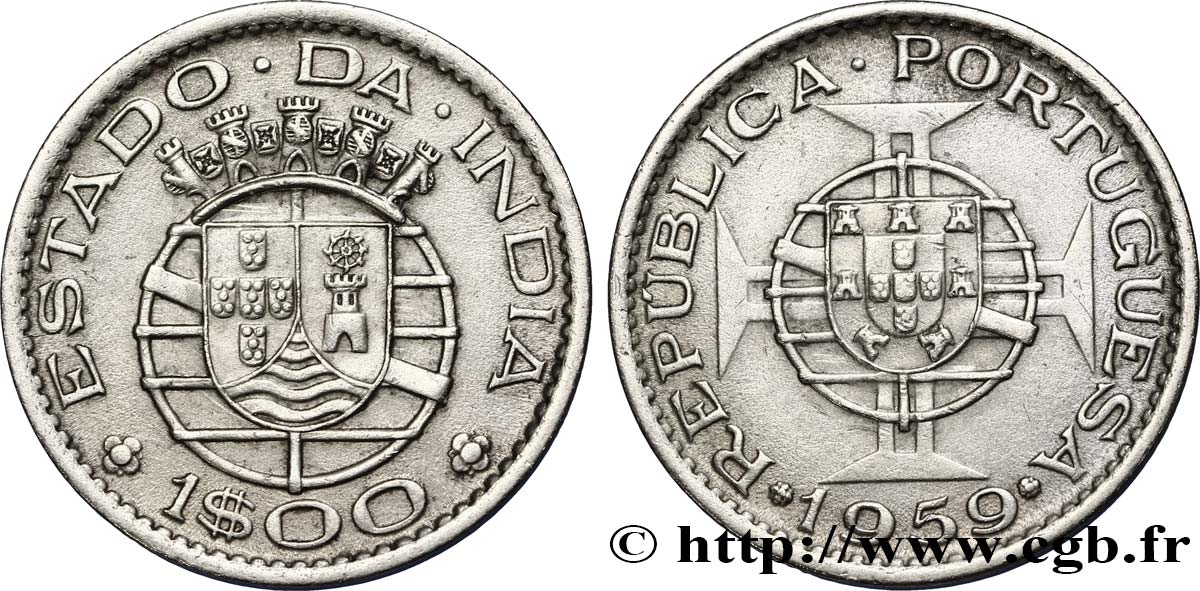 INDE PORTUGAISE 1 Escudo emblème du Portugal / emblème de l’État portugais de l Inde 1959  SUP 