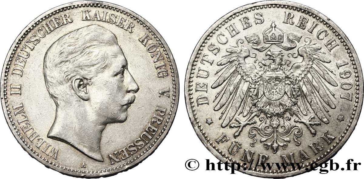 GERMANY - PRUSSIA 5 Mark Guillaume II 1907 Berlin AU 