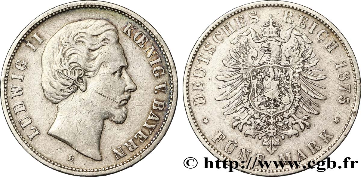 GERMANY - BAVARIA 5 Mark Louis II 1875 Munich VF 