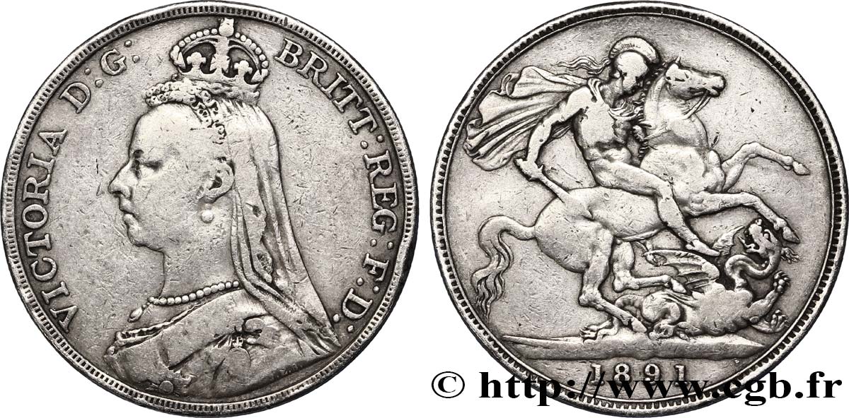 ROYAUME-UNI 1 Crown Victoria buste du jubilé / St Georges terrassant le dragon 1891  TB+ 