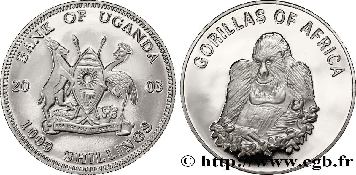 UGANDA 1000 Shillings Proof série Gorilles d’Afrique : emblème / gorille mâle assis 2003  SC 