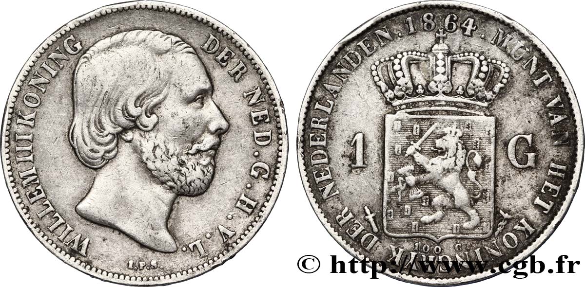 NETHERLANDS 1 Gulden Guillaume III 1864 Utrecht VF 