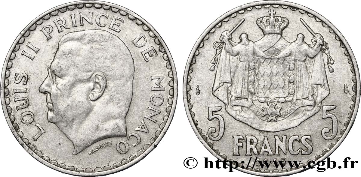 MONACO 5 Francs Louis II / armoiries 1945 Paris TTB 