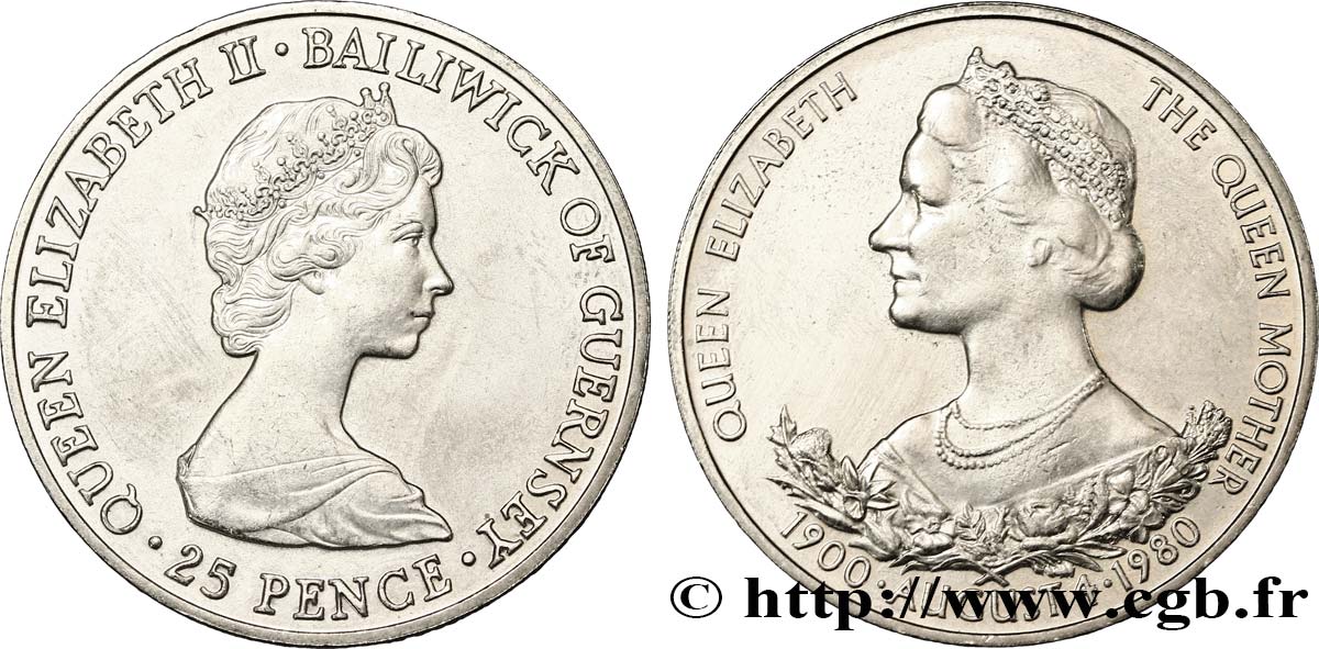 GUERNSEY 25 Pence Elisabeth II / 80e anniversaire de la Reine--Mère 1980  SPL 