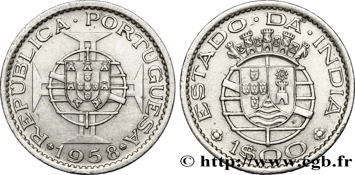 INDE PORTUGAISE 1 Escudo emblème du Portugal / emblème de l’État portugais de l Inde 1958  SUP 
