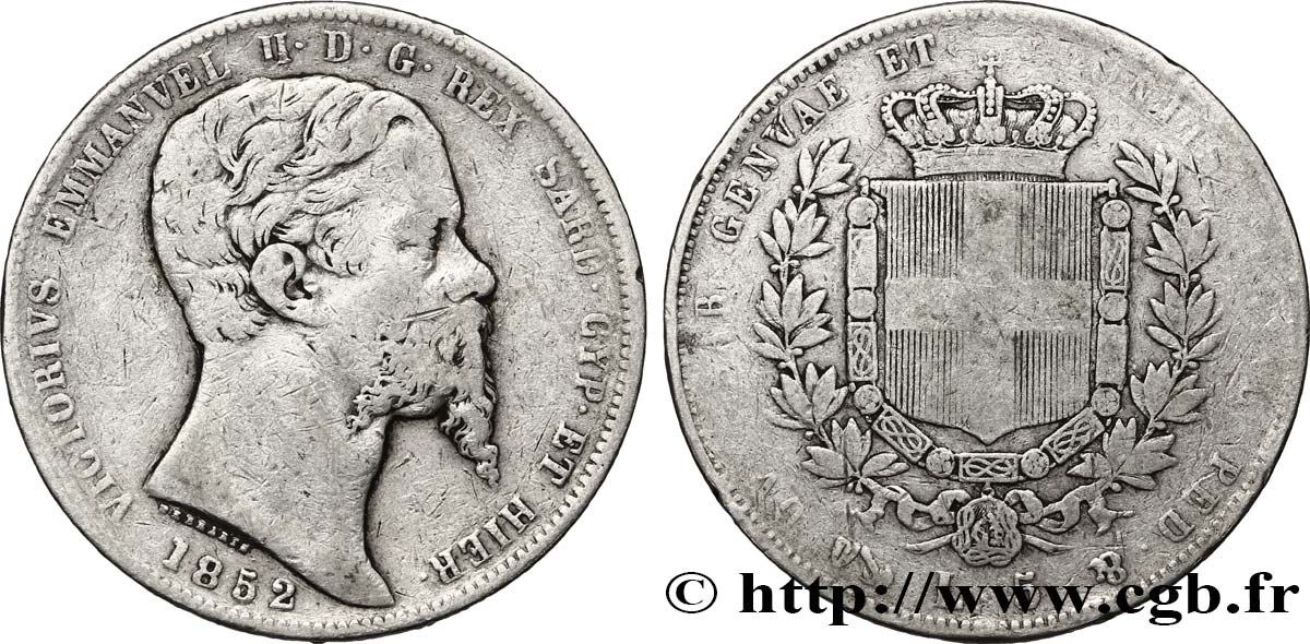 ITALIE - ROYAUME DE SARDAIGNE 5 Lire Victor Emmanuel II, roi de Sardaigne 1852 Gênes TB 