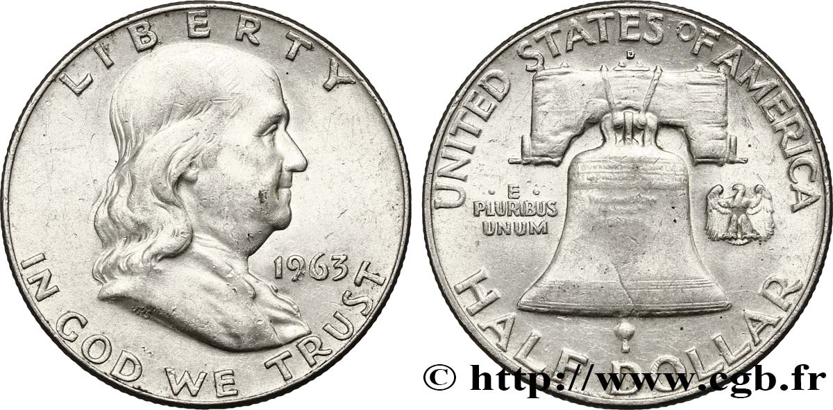 ÉTATS-UNIS D AMÉRIQUE 1/2 Dollar Benjamin Franklin 1963 Denver TTB+ 