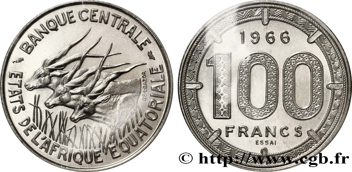 ÉTATS DE L AFRIQUE ÉQUATORIALE Essai de 100 Francs antilopes 1966 Paris FDC 