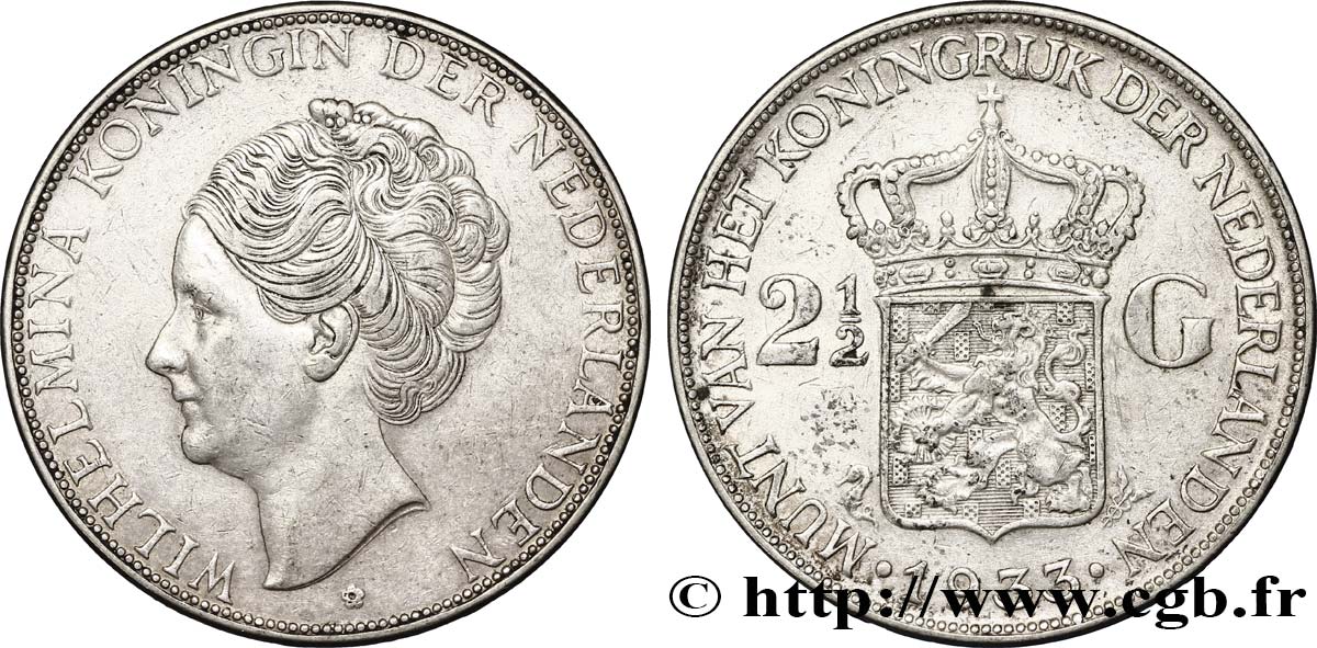 PAYS-BAS 2 1/2 Gulden Wilhelmina 1933  TTB 