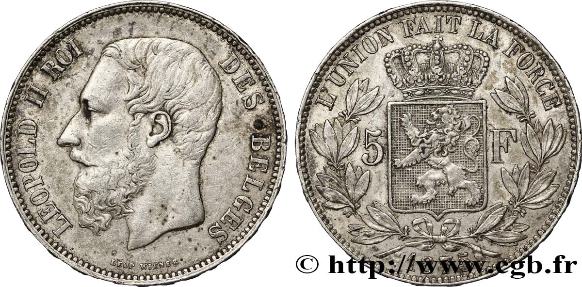 BELGIQUE 5 Francs Léopold II / Écu couronné 1875  TTB 