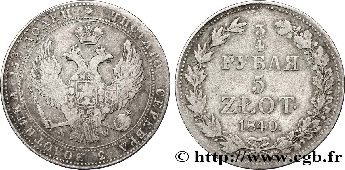 POLAND 3/4 Roubles - 5 Zlotych 1840 Varsovie VF 
