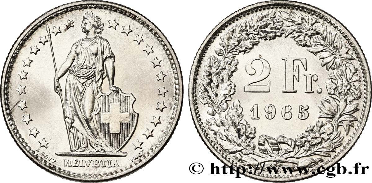SUISSE 2 Francs Helvetia 1967 Berne - B SPL 