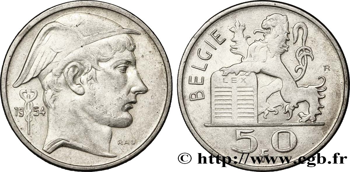BELGIQUE 50 Francs lion posé sur les tables de la loi / Mercure légende flamande 1954  SUP 