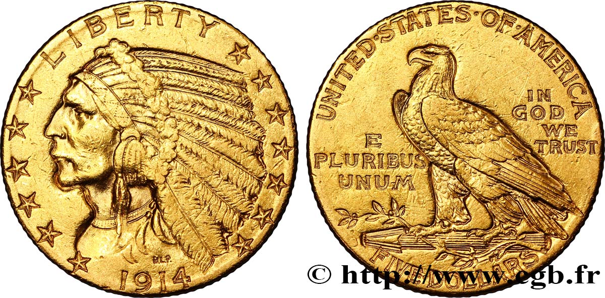 ÉTATS-UNIS D AMÉRIQUE 5 Dollars  Indian Head  1914 Philadelphie TTB 