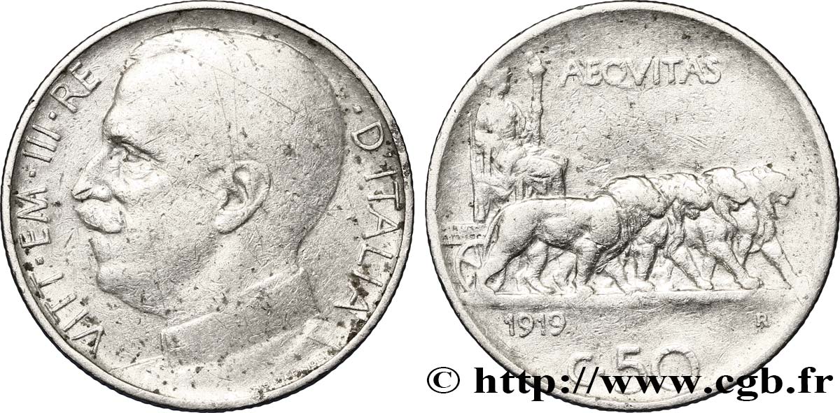 ITALIE 50 Centesimi  Victor Emmanuel III en uniforme / allégorie de l’Italie et 4 lions 1919 Rome - R TTB 