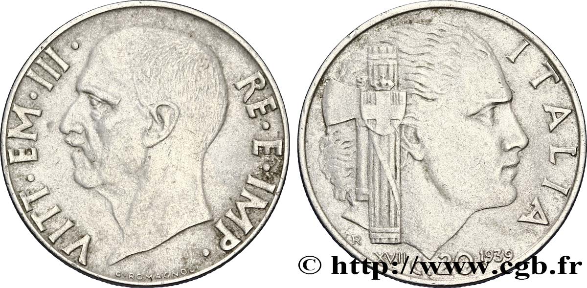 ITALIE 20 Centesimi roi Victor-Emmanuel III / allégorie de l’Italie et faisceau an XVII 1939 Rome - R TTB 