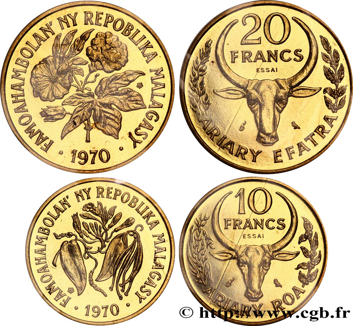 MADAGASCAR Essai de 10 et 20 Francs - 2 Ariary buffle / fleurs 1970 Paris FDC70 