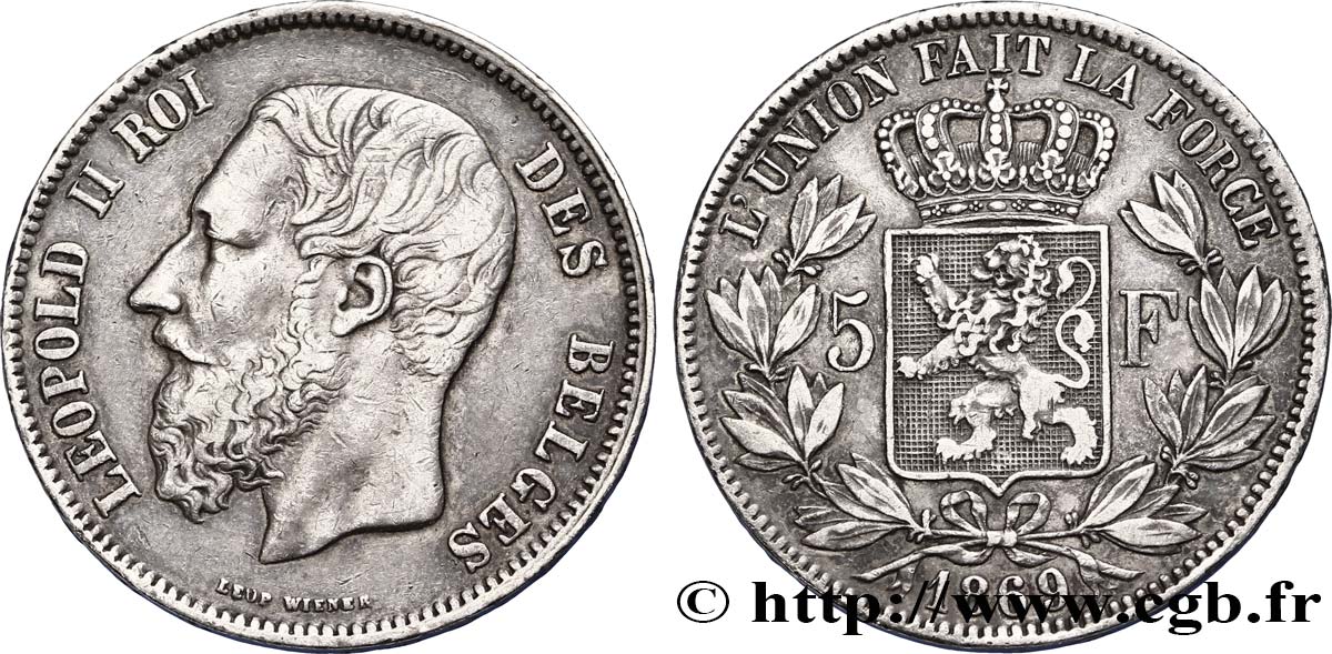 BELGIQUE 5 Francs Léopold II / Écu couronné 1869  TTB 