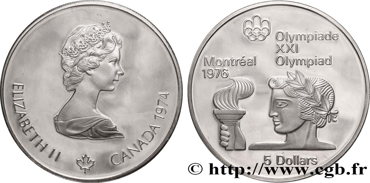 CANADá
 5 Dollars Proof JO Montréal 1976 torche olympique / Elisabeth II 1974  FDC 