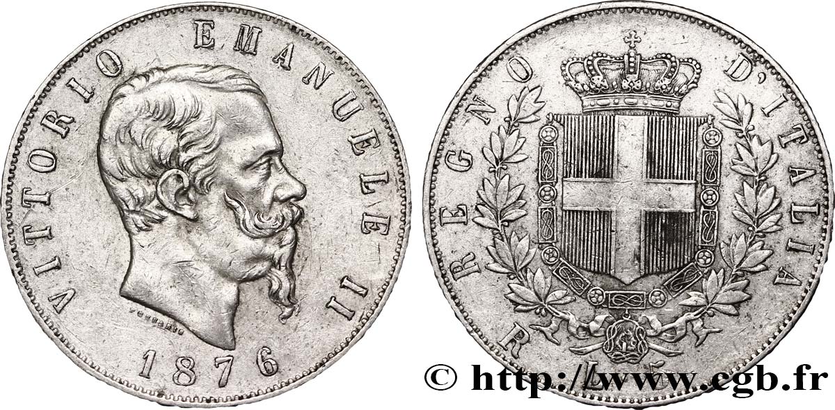 ITALIE 5 Lire Victor Emmanuel II 1876 Rome TB+ 