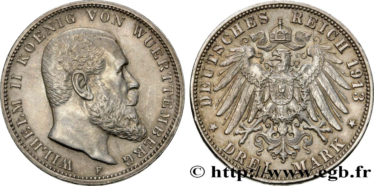 ALEMANIA - WURTEMBERG 3 Mark Guillaume II 1913 Stuttgart EBC/MBC+ 