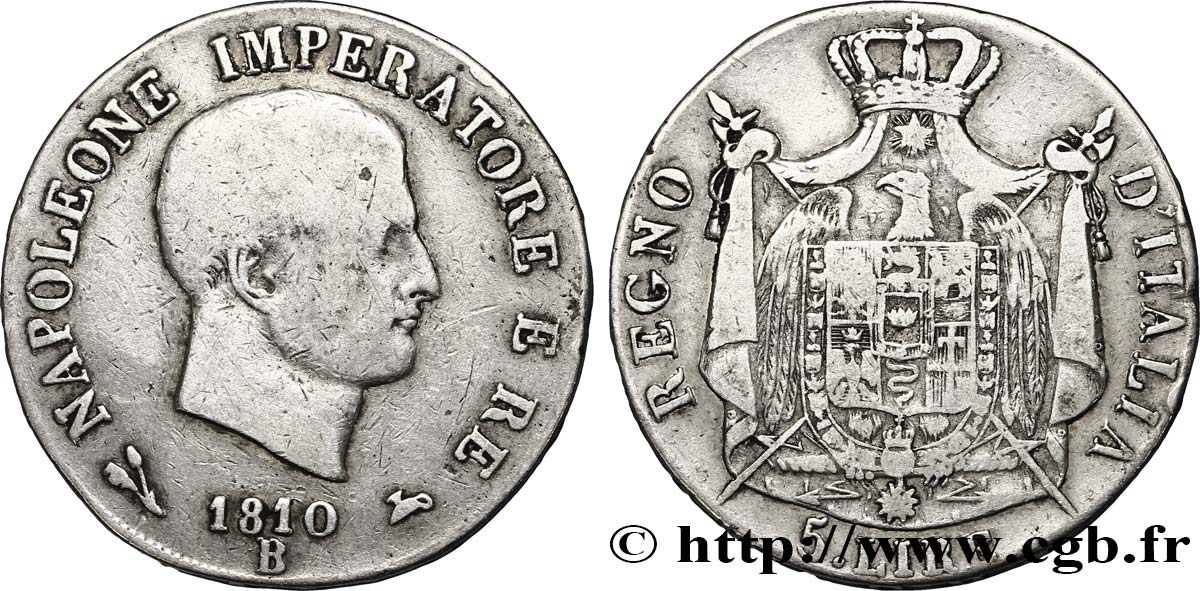 ITALIE - ROYAUME D ITALIE - NAPOLÉON Ier 5 lire, 1er type, tranche en relief 1810 Bologne TB 