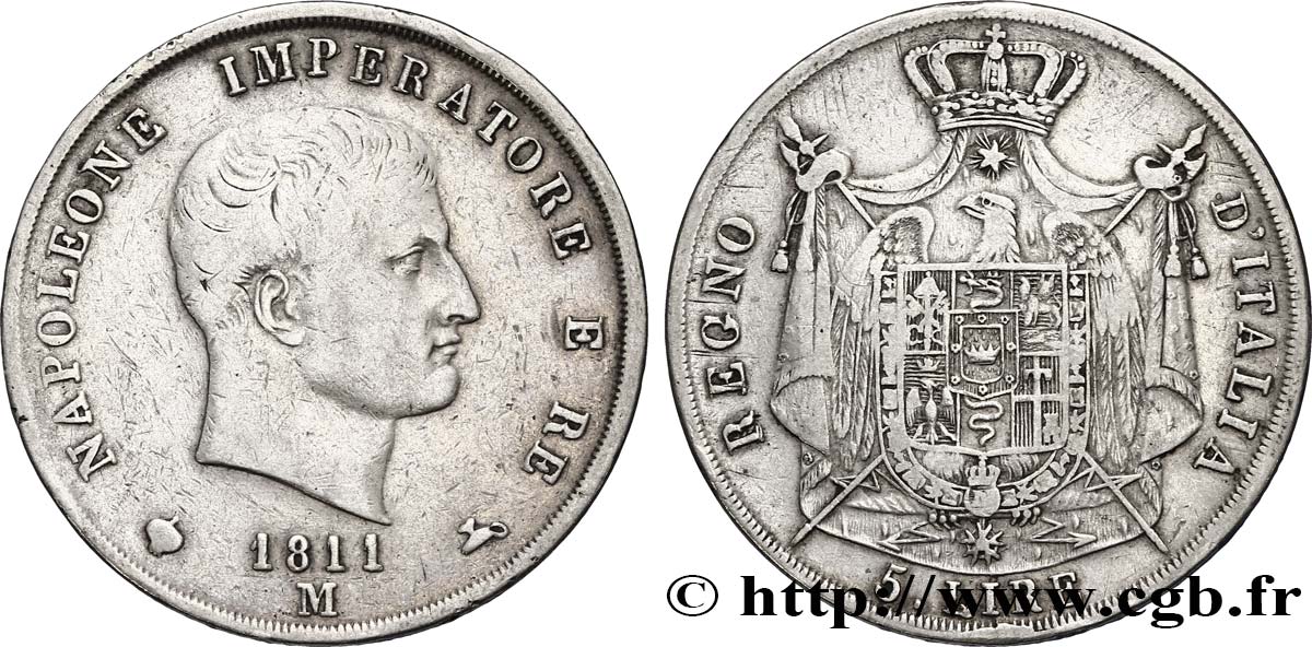 ITALIE - ROYAUME D ITALIE - NAPOLÉON Ier 5 Lire Napoléon Empereur et Roi d’Italie, 2ème type, tranche en creux 1811 Milan TTB 