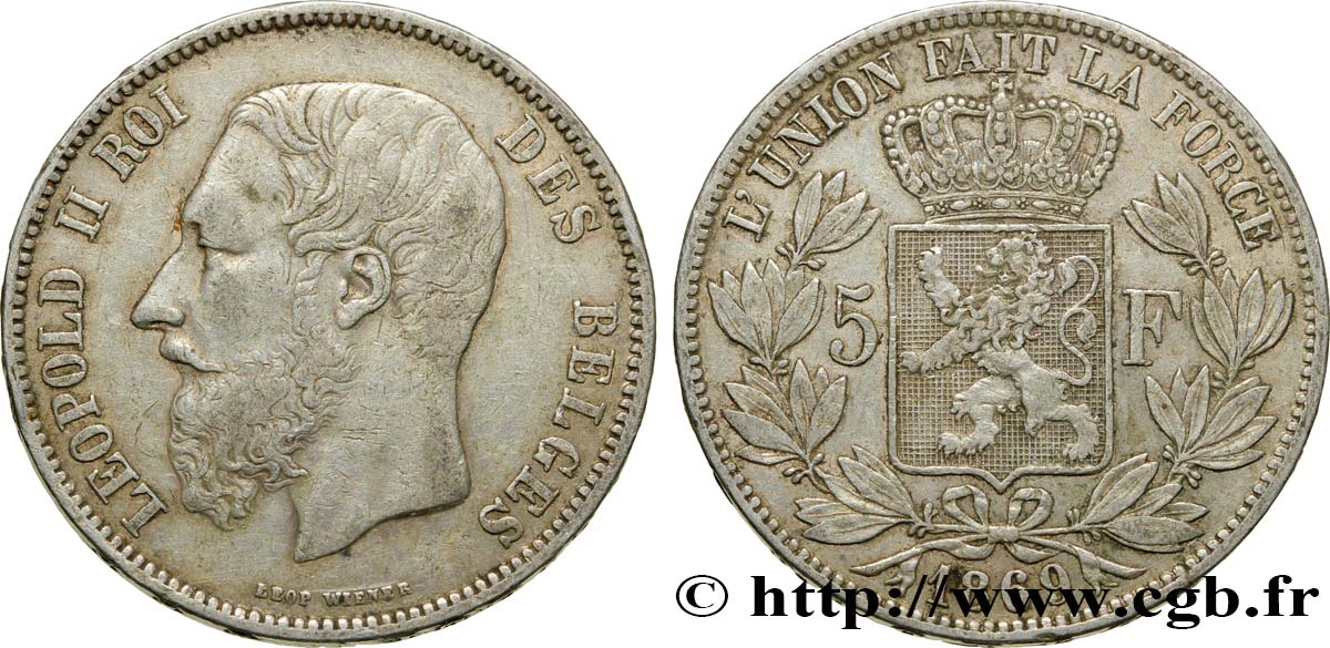 BÉLGICA 5 Francs Léopold II / Écu couronné 1869  MBC 