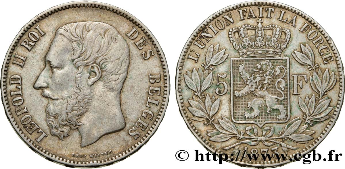 BELGIEN 5 Francs Léopold II tranche position A 1873  fSS 
