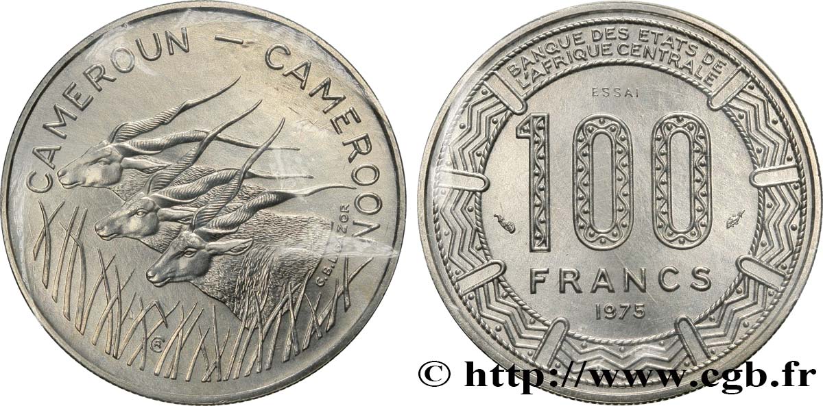 CONGO (RÉPUBLIQUE) Essai de 100 Francs type “BCEAC”, antilopes 1975 Paris FDC 