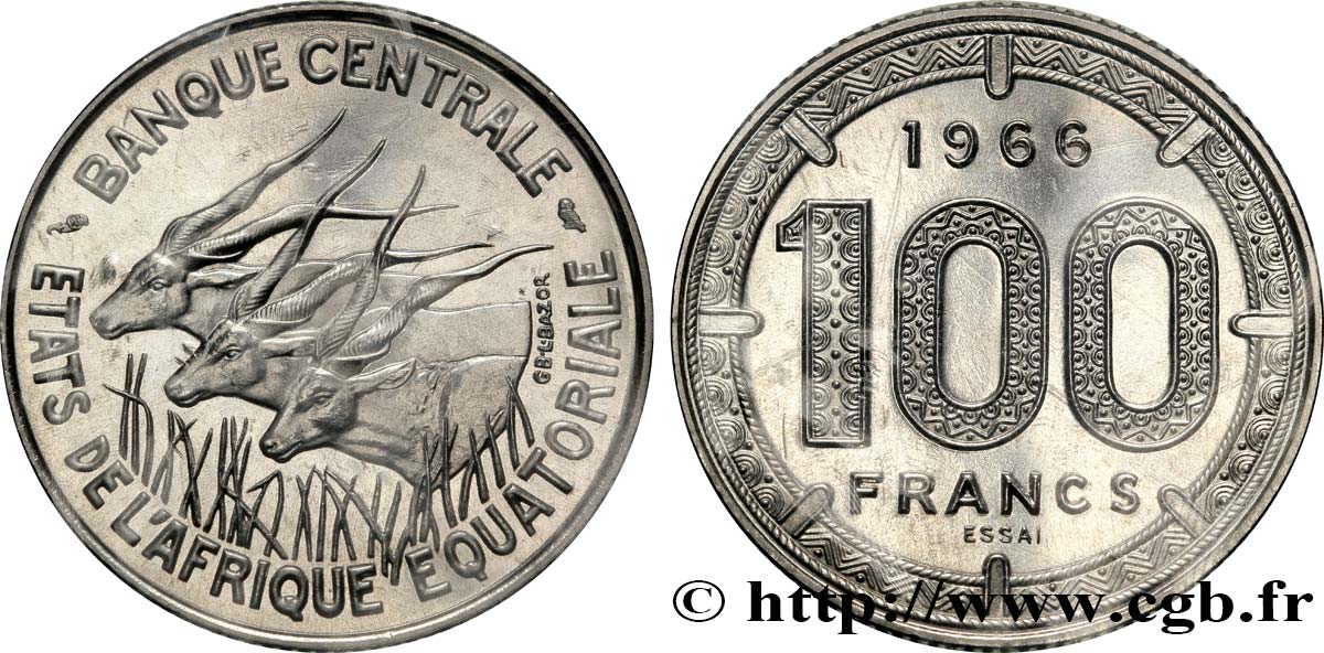 ÁFRICA ECUATORIAL  Essai de 100 Francs antilopes 1966 Paris FDC 