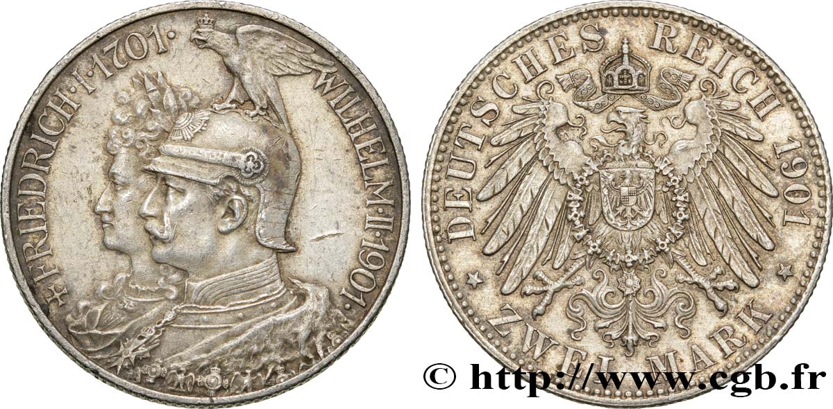 ALLEMAGNE - PRUSSE 2 Mark Royaume de Prusse Guillaume II 200e anniversaire de la Prusse / aigle.. 1901 Berlin TTB+ 
