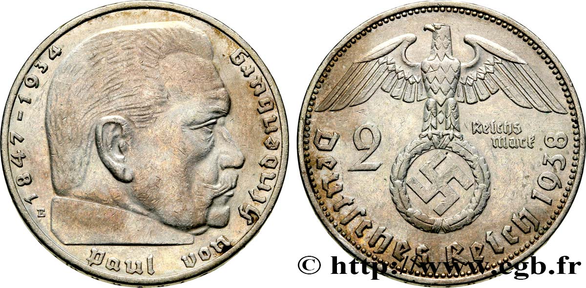 GERMANY 2 Reichsmark aigle surmontant une swastika / Maréchal Paul von Hindenburg 1938 Muldenhütten VF 