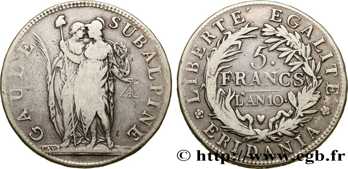 ITALIE - RÉPUBLIQUE SUBALPINE 5 Francs Gaule Subalpine figures allégoriques de la Gaule Subalpine et de la France 1801 an 10 Turin TB 