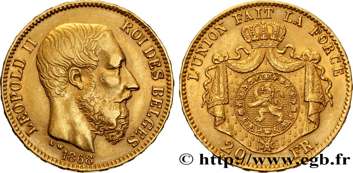 BÉLGICA 20 Francs or Léopold II 1868 Bruxelles MBC 