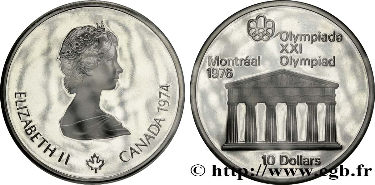 CANADá
 10 Dollars Proof JO Montréal 1976 temple de Zeus / Elisabeth II 1974  FDC 