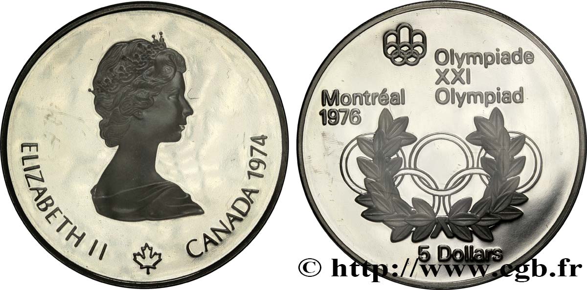 CANADá
 5 Dollars Proof JO Montréal 1976 anneaux olympiques / Elisabeth II 1974  FDC 
