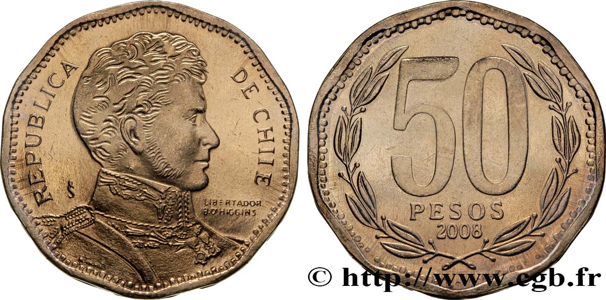 CHILI 50 Pesos Bernardo O’Higgins erreur frappe “CHIIE” 2008 Santiago - S° SPL 