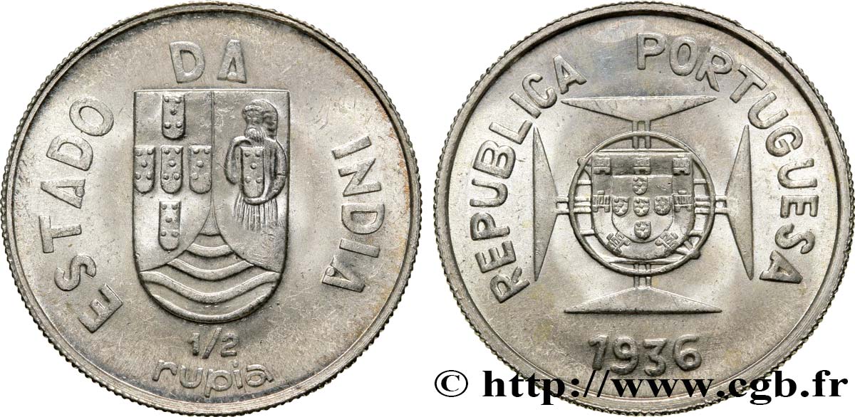 PORTUGUESE INDIA 1/2 Roupie République Portugaise 1936  AU 