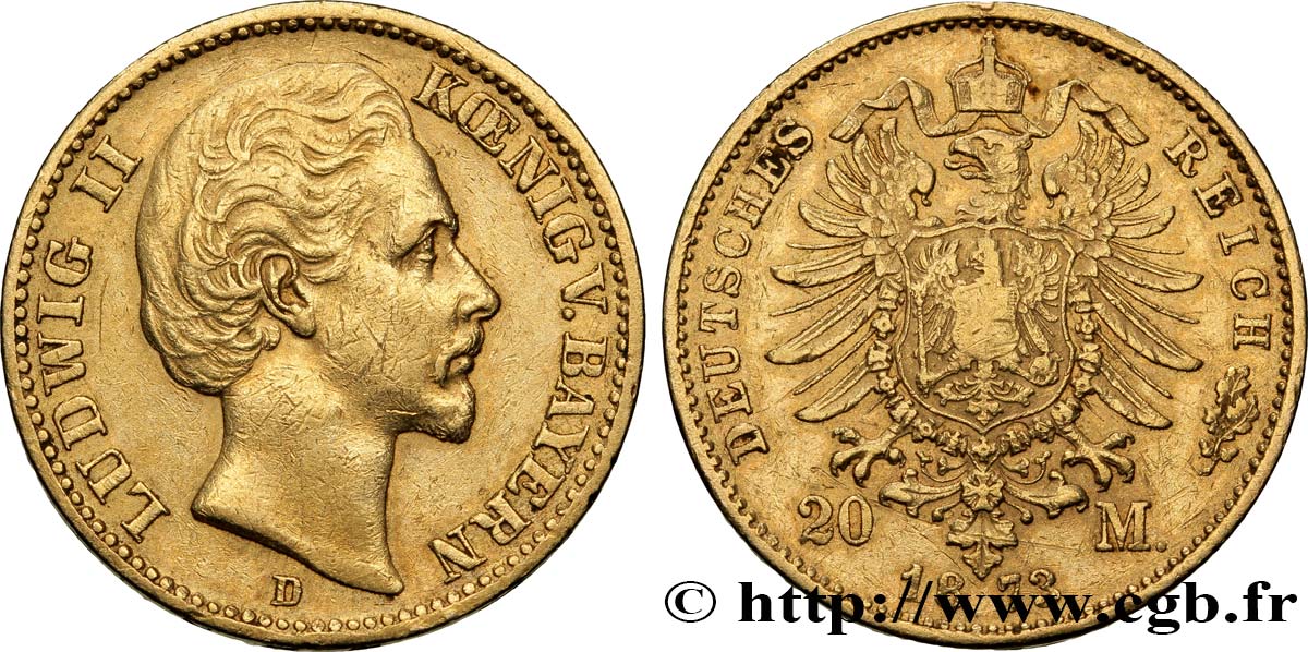 ALLEMAGNE - BAVIÈRE 20 Mark Louis II 1873 Munich TTB 